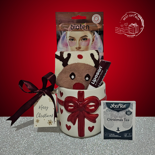 γυναικείο δωρο για τα χριτουγεννα με κουπα προιοντα περιποιησης προσωπου λιποζαν και χριστουγενιατικο τσαι