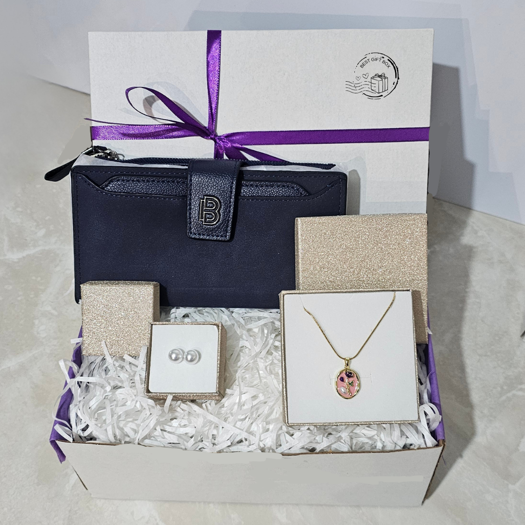 γυναικείο δώρο για γενέθλιά, γιορτή χριστουγεννιάτικο, περιέχει μπλε πορτόφολι κολίε και σκουλαρίκια